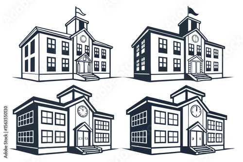 Four Different School Building Illustrations