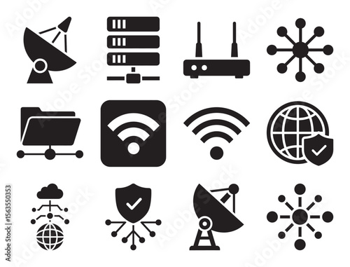 Internet and network solid glyph icon set for connectivity and communication showing satellite server wifi and other technology for data transmission
