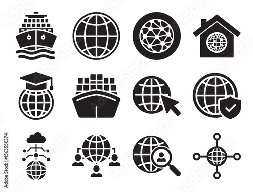 International business and global trade solid glyph icon set for world commerce showing globe ship and other symbols for worldwide market logistics