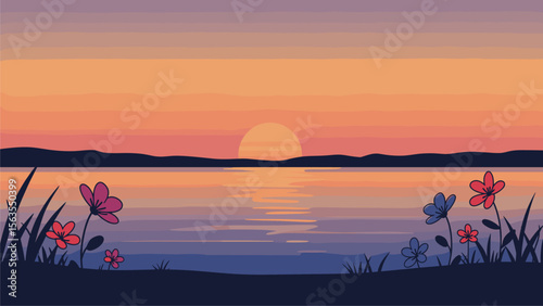 Serene Sunset over Calm Lake with Wildflowers