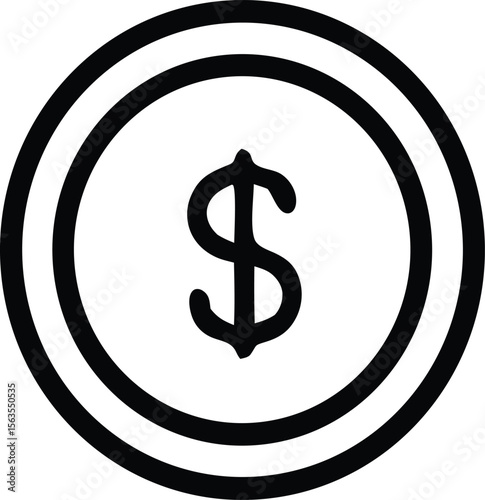 A simple black and white graphic icon representing a dollar coin with the dollar sign prominently displayed in the center