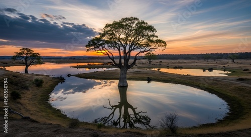 Sunset Silhouette of Solitary Tree Reflected in Serene Water
