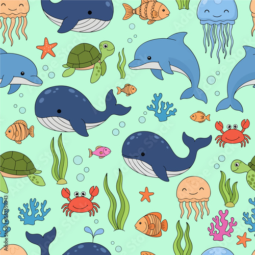 A cheerful and colorful seamless pattern features a variety of cute cartoon sea animals, including whales, dolphins, turtles, and crabs, creating a playful underwater scene.