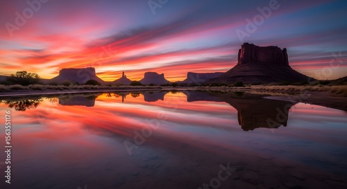 Monument Valley's Fiery Reflection: A Dramatic Sunset Over Calm Waters
