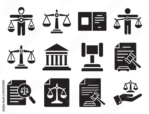 Legal and justice system solid icon set for law and court showing scale gavel book and other symbols for legislation and judicial process vector