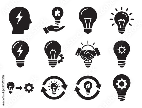 Lightbulbs and ideas solid glyph icon set for innovation and creativity showing various lamp designs and concepts for brainstorming and problem solving