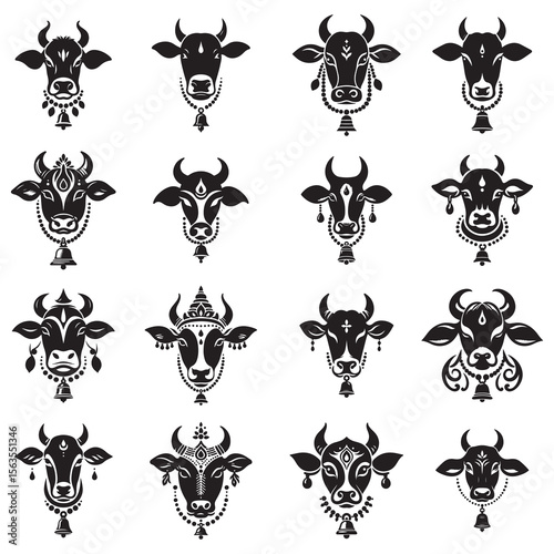 Collection of silhouette cow’s face with small horns and bell, sacred animal of Krishna, black on white background
