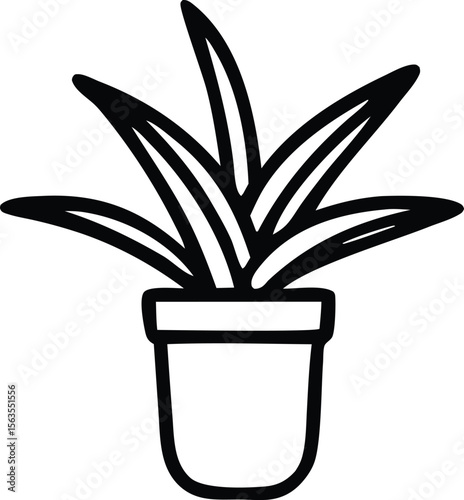 Simple black and white line drawing of a potted plant with spiky leaves in a pot