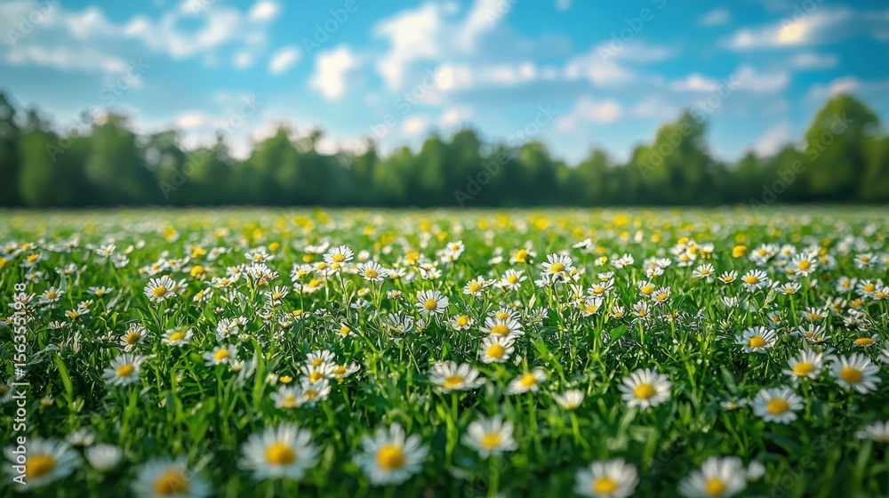 Fototapeta premium White Daisies Blooming Profusely in a Green Meadow Under a Blue Sky With Scattered Clouds