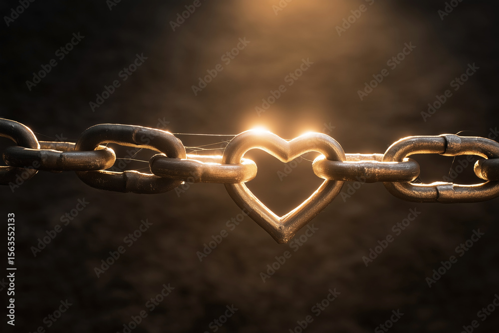 Fototapeta premium Heart link within a strong chain symbolizes connection, strength and unbreakable love in this artistic representation.