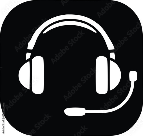 Simple white headset icon with a microphone on a black rounded square background representing communication and audio technology