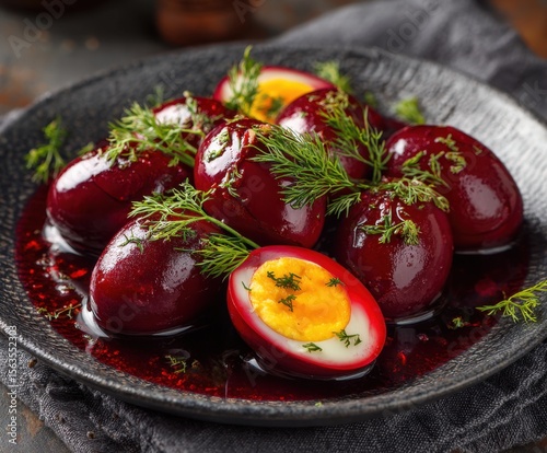 Marinated chicken eggs in beetroot marinade in a plate