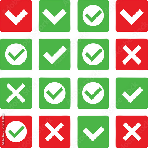 A grid of red and green squares featuring white checkmarks and crosses representing choices and decisions