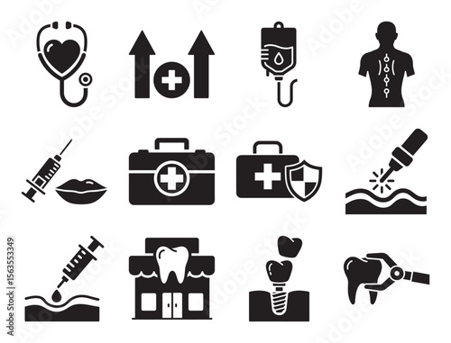 Medical procedures and treatments solid icon set for surgery and care showing stethoscope syringe and other symbols for clinical intervention and therapy