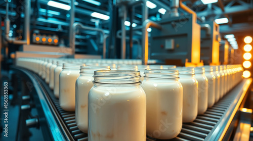 Automated yogurt production line: glass jars on conveyor belt in modern dairy factory
