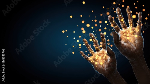 Two hands reaching out with glowing particles emanating from fingertips against a dark background