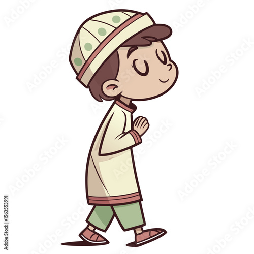 Cute child in prayerful pose, light-beige outfit, light-green pants, and a light-beige cap with green polka dots
