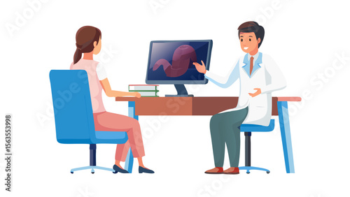 Doctor explaining diagnosis to patient using computer screen in clinic setting