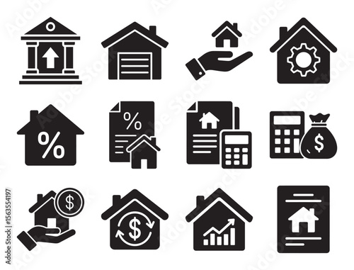 Mortgage and home financing solid icon set for real estate loan showing house dollar sign and other symbols for property investment and banking
