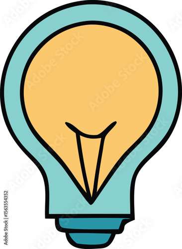 A simple cartoon illustration of a light bulb with a teal glass enclosure and a bright yellow filament symbolizing ideas and innovation
