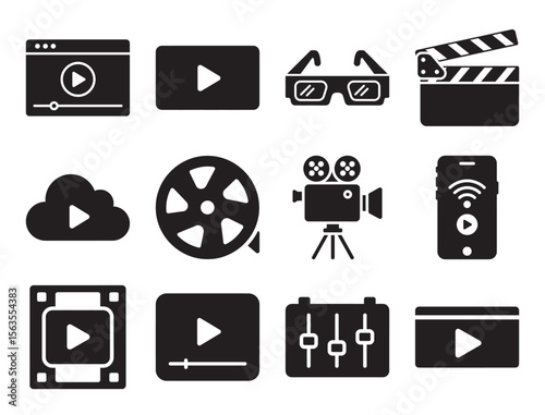 Multimedia and entertainment glyph icon set for video and audio player showing camera film and other symbols for media content and broadcasting