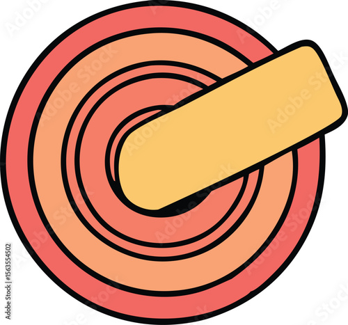 Stylized concentric circles in warm sunset colors with a prominent yellow band intersecting the design