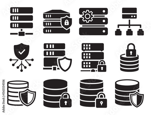 Network security and server protection solid glyph icon set for data center safety showing lock shield and other symbols for system and information defense