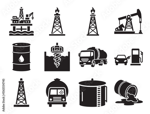 Oil and gas industry solid glyph icon set for petroleum and fuel production showing rig pump and other symbols for energy extraction and processing