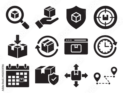Package tracking and order fulfillment glyph icon set for logistics showing box calendar and other symbols for shipping and delivery process management