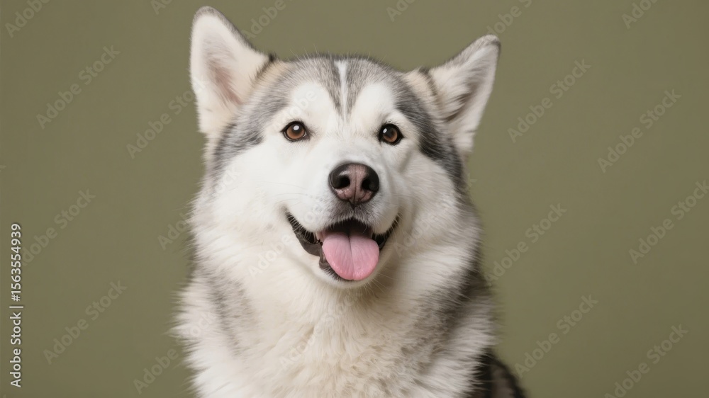 Fototapeta premium Close-up of a smiling Siberian Husky with a happy expression against a neutral background