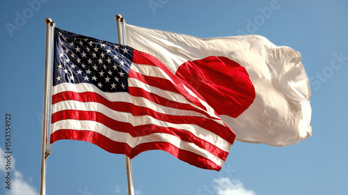 Two flags, American flag and Japanese flag, are flapping together against clear blue sky