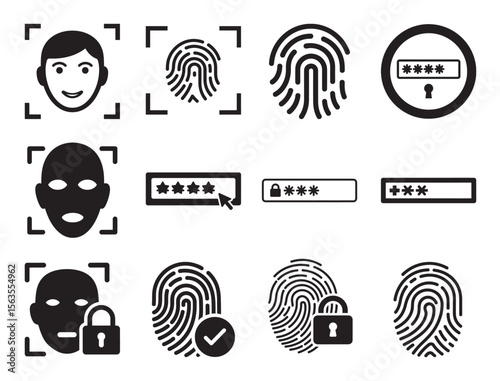 Password and biometric security glyph icon set for login and authentication showing fingerprint face scan and other symbols for user identification verification