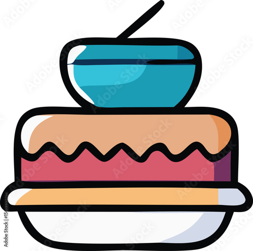 A stylized cartoon illustration of a multi layered cake with a blue topping and a black stick presented on a white plate