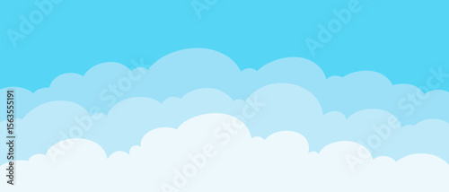 Different cumulus clouds in a blue sky, abstract background, flat design, vector. Background drawing of air for background, banner, cover, poster with space for text. Cloudy skies