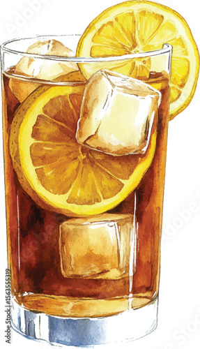Iced Tea with Lemon Watercolor  vector illustration