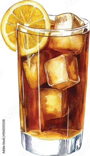 Iced Tea with Lemon Watercolor  vector illustration