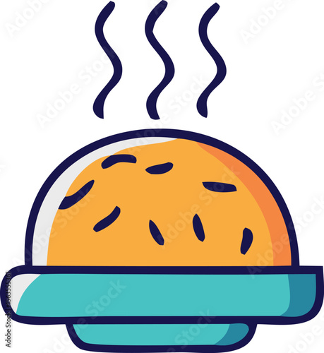 Stylized illustration of a steaming bowl of food with a vibrant orange and yellow filling and a blue dish