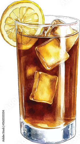 Iced Tea with Lemon Watercolor  vector illustration
