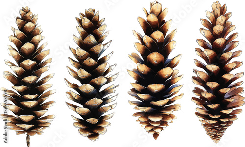 Set of pine cones isolated on white background. Hand painted watercolor. Botanical hand drawn  illustration vector Cones of coniferous trees, forest elements