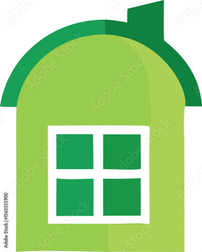 A stylized simple illustration of a green house with a prominent window and a chimney representing eco friendly living