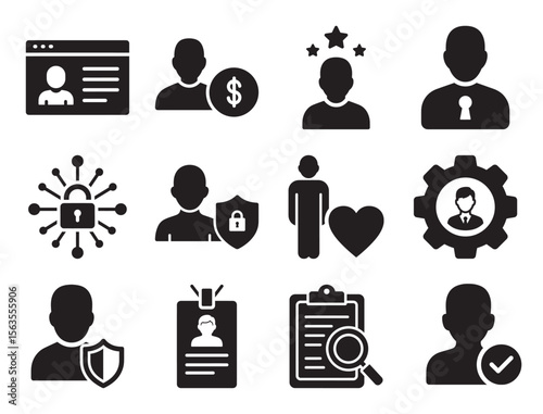 Personal profile and account management glyph icon set for user settings showing avatar gear and other symbols for identity and system configuration
