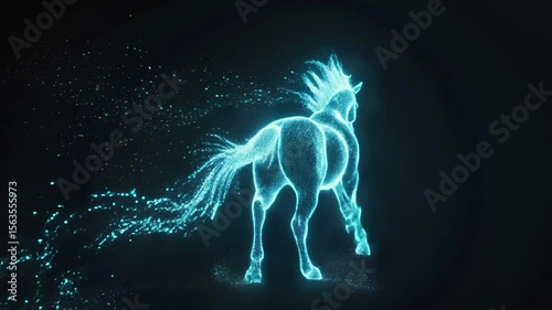 Futuristic Digital Horse Running in Virtual Space with Glowing Lights and Particle Effects