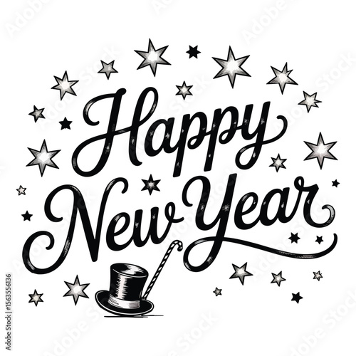 Elegant Happy New Year Lettering with Stars and Party Hat – Festive Holiday Greeting Vector Design

