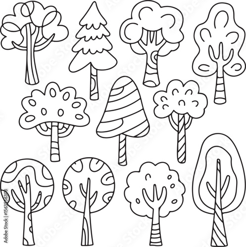 Round Tree Doodle Set with Stylized Trunks and Playful Canopy Designs