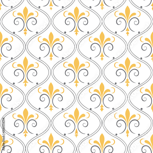 Elegant seamless pattern with yellow fleur de lis and grey curves on white background