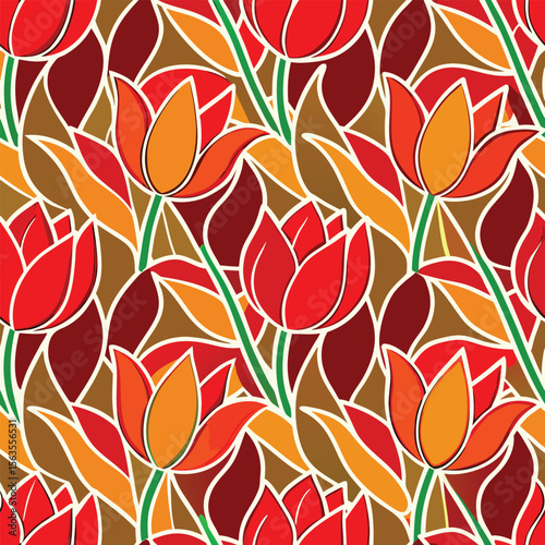 Seamless pattern of stylized red and orange tulips with green stems and brown leaves