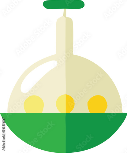 Stylized illustration of a green and yellow laboratory flask containing three yellow spheres on a white background