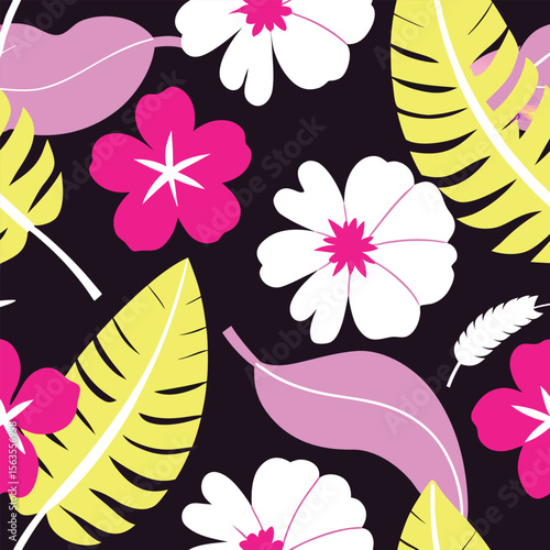 Tropical floral pattern with pink white and yellow flowers and leaves on dark background