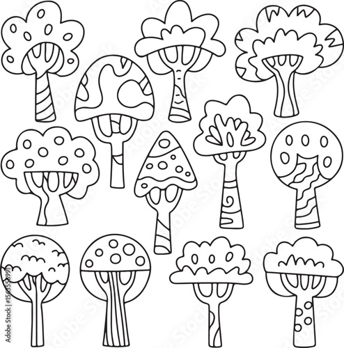 Round Tree Doodle Set with Stylized Trunks and Playful Canopy Designs