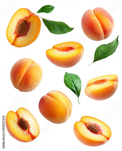 Falling peaches and peach slices with leaves isolated on a transparent background, top view